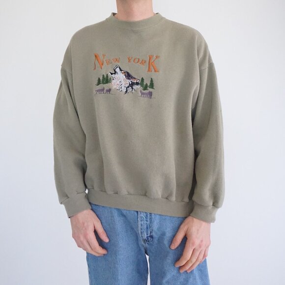 Vintage '90s Tultex Olive Green Embroidered New York Wolves Crewneck sweater XL - Picture 1 of 10